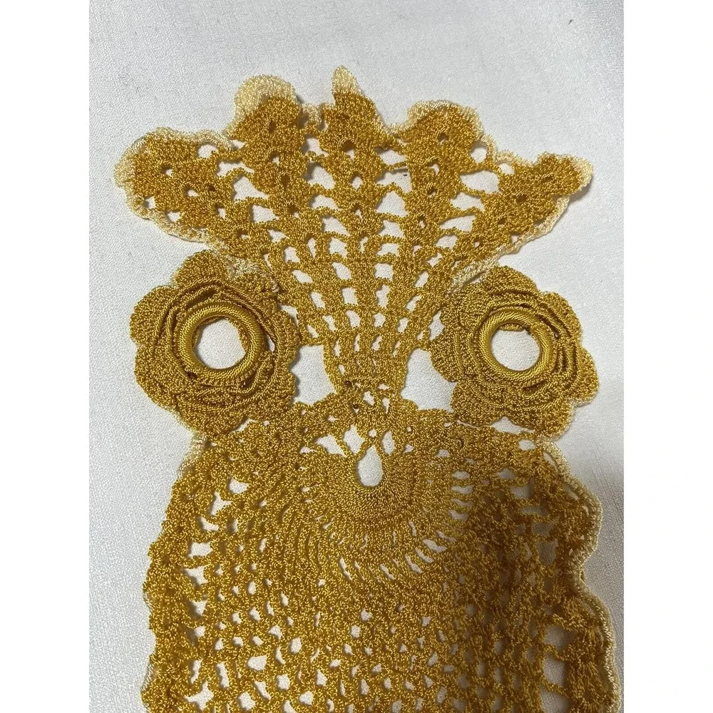 Vintage Owl Hand Crocheted Doily Cotton Gold Yellow MCM